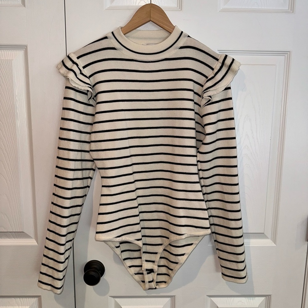 Red Dress Boutique Black and Cream Striped Bodysuit